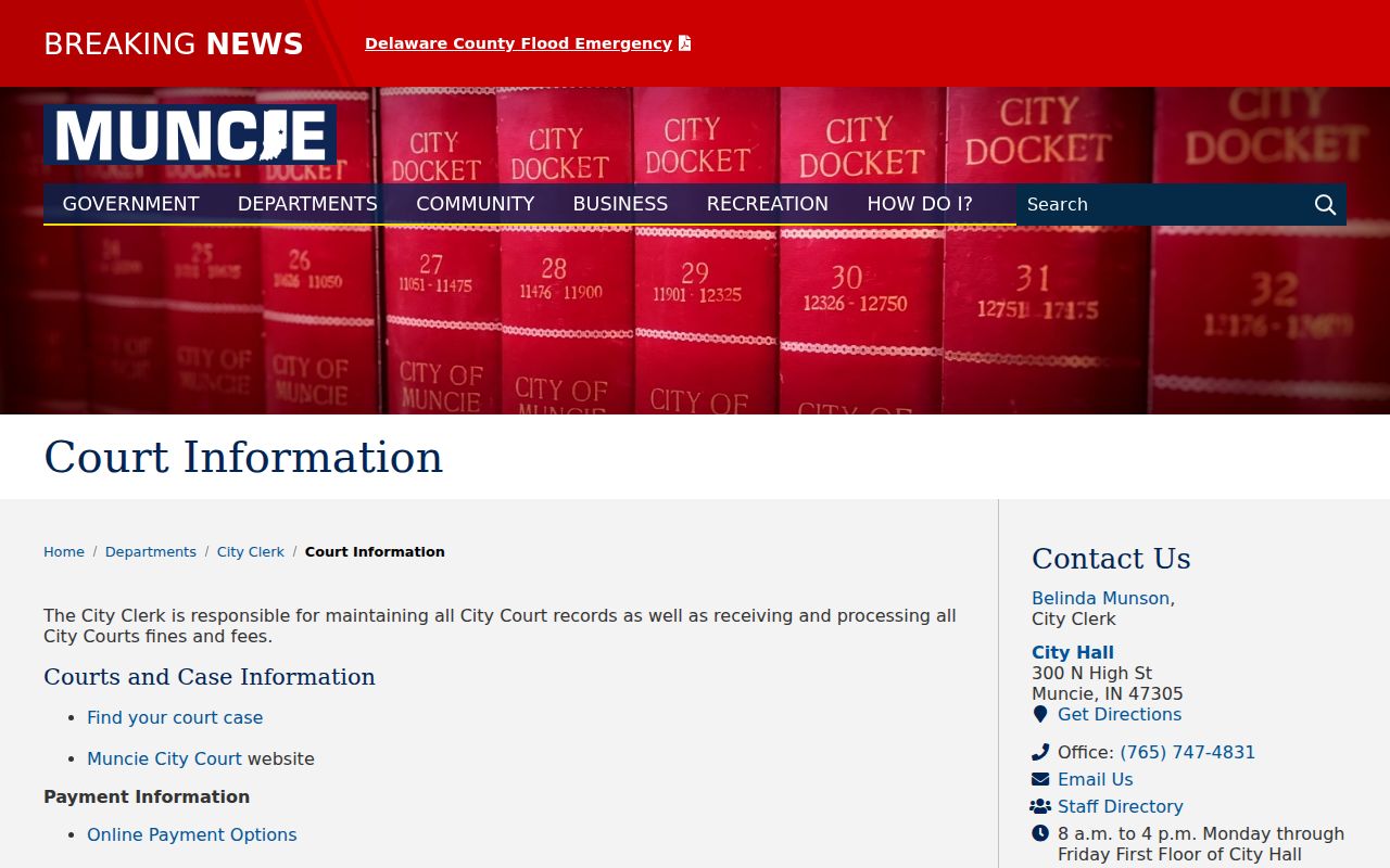 Muncie City Clerk and City Court information for Delaware County municipal warrant records