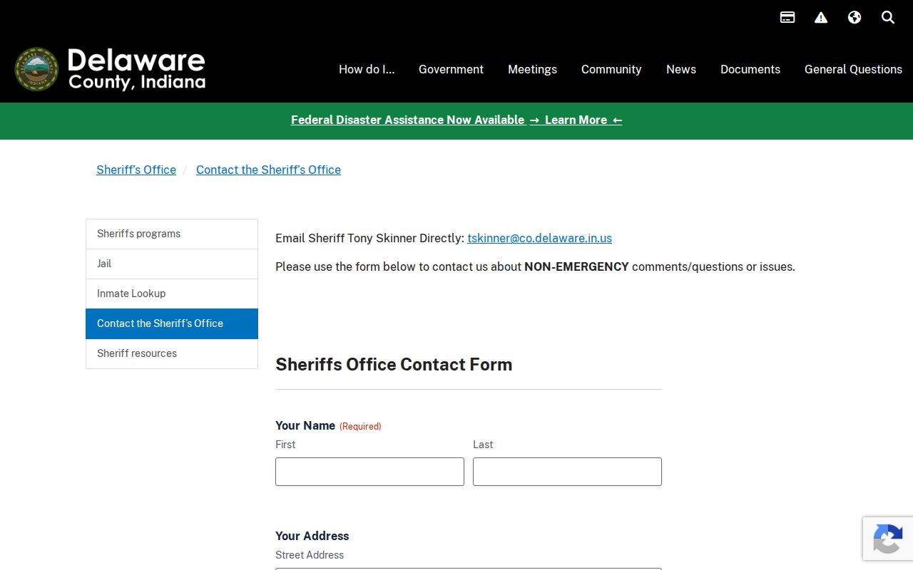 Delaware County sheriff contact form with visible request fields